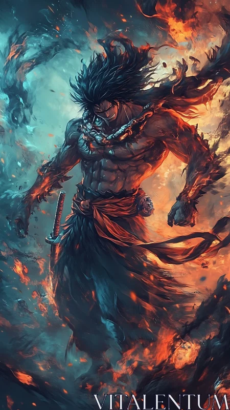 Elemental warrior strides through fire and ice vortex.