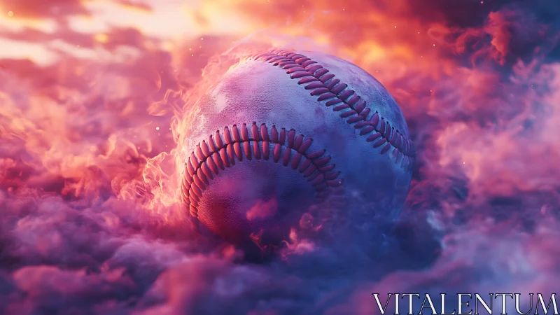 Glowing baseball rests in swirling neon smoke under fire sky