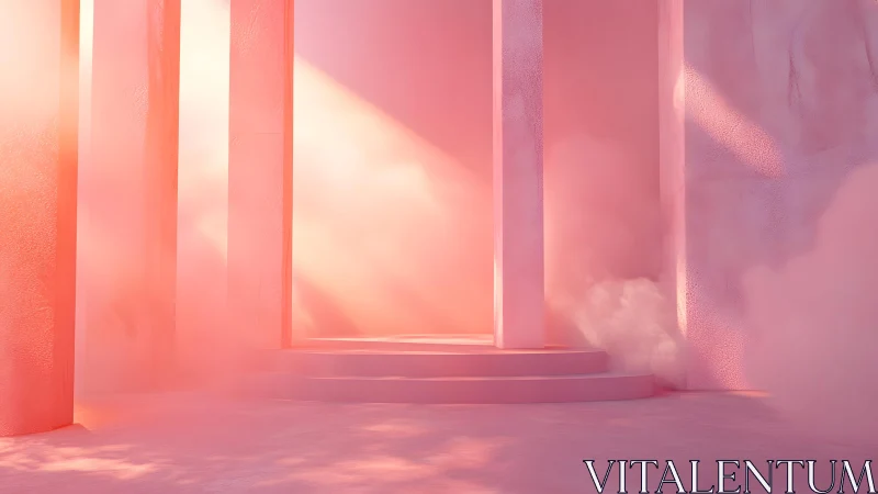 Dreamlike Pink Abstract Interior with Soft Light and Columns.