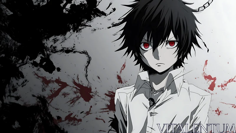 Black haired anime boy with red eyes and stained backdrop.