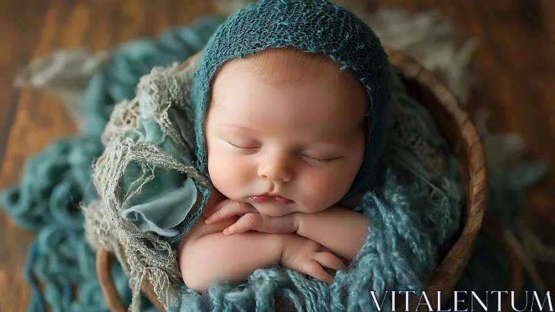 Newborn Portrait: Sleeping Infant in Teal Wrap.