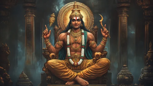 Highly detailed seated deity portrait with ornate temple backdrop