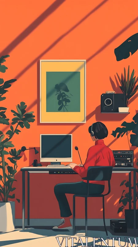 Person working at minimalist computer desk in orange room.