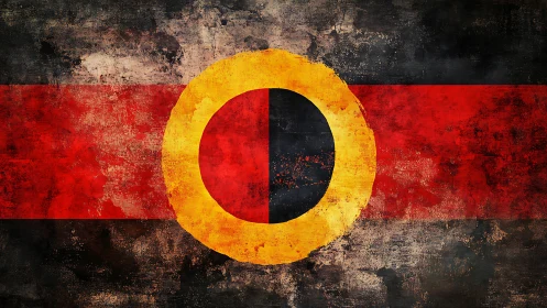 Grunge textured flag with central yellow and black emblem.