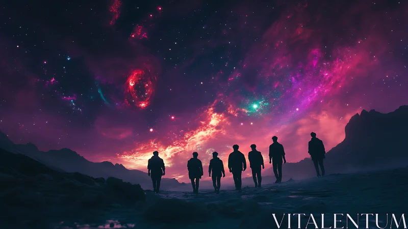 Digital painting of silhouetted travelers under nebula sky.