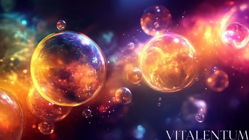 Multiple translucent spheres float against a multicolor field