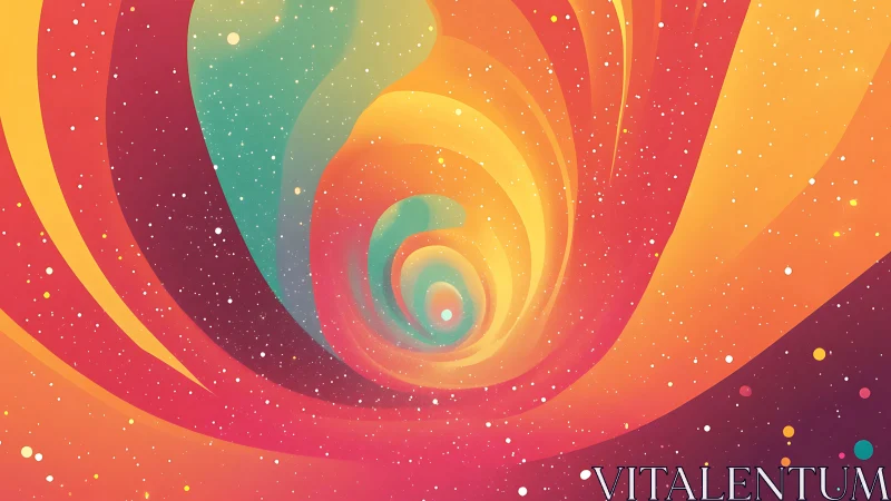 Spiraling cosmic rainbow tunnel into a dreamy starlit glow.