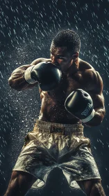 Boxer in Rain With Guard Position and Power Stance