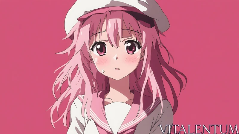 Shy pink haired anime girl in a soft, heartfelt moment.