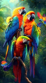 Triad of macaws rendered with high-saturation plumage detailing