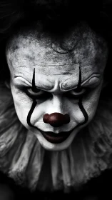 Close frontal view of white-faced clown with dark makeup.