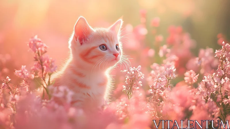 Kitten among pink blossoms in soft golden light.
