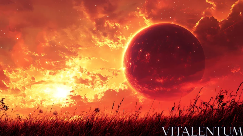 Burning alien planet over crimson sunset grassland sky.
