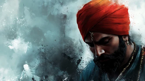 Pensive turbaned man emerges from stormy abstract backdrop