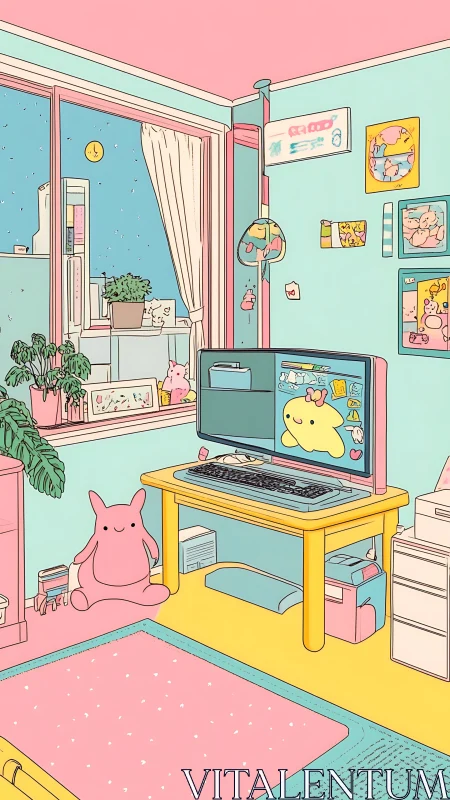 Pastel-colored bedroom workspace with computer and toys.