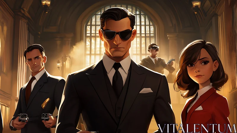 Stylized agents in suits standing in grand hall interior.