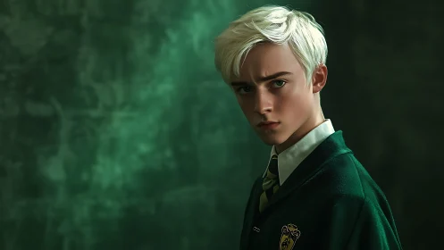 Blond schoolboy in green uniform, cinematic three quarter portrait