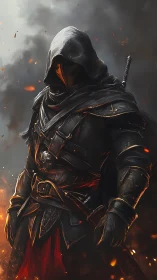 Hooded armored figure with sword amid smoke and sparks.
