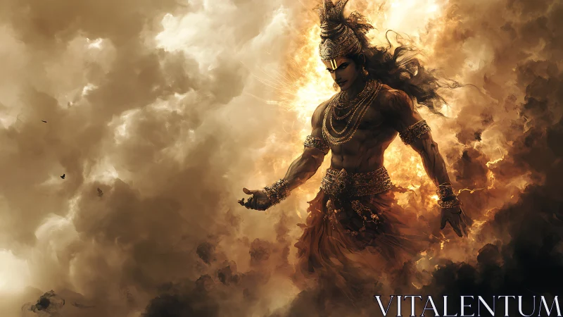 Mythic warrior emerges from volumetric clouds and radial firelight