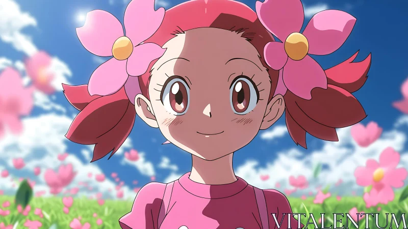 Smiling anime girl with pink flowers in sunny field.