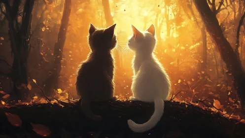 Two Cats Contemplate Their Glowing Forest Destiny Together