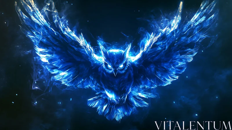Luminous blue energy owl with outstretched wings in flight.