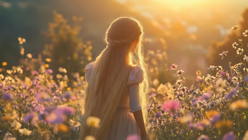 Backlit girl with long blond hair in meadow at golden hour