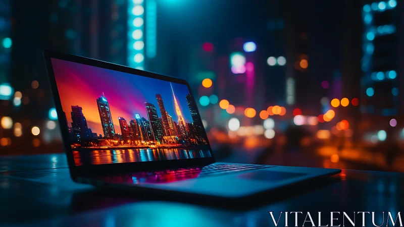 Open laptop displaying city skyline at night on desk surface.