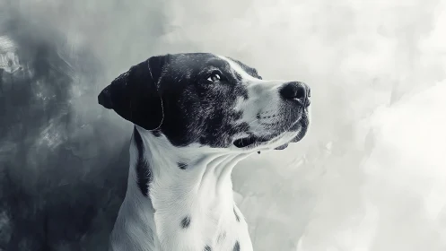 High-contrast canine portrait isolates profile against misty bokeh