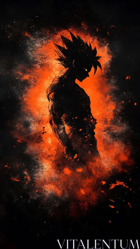 Silhouetted spiky-haired figure stands within orange explosion