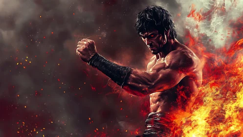 Flaming martial artist channels power amid swirling embers