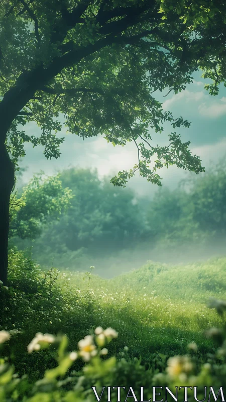 Dappled Canopy Vista: Luminous Foliage Framing Verdant Meadow.