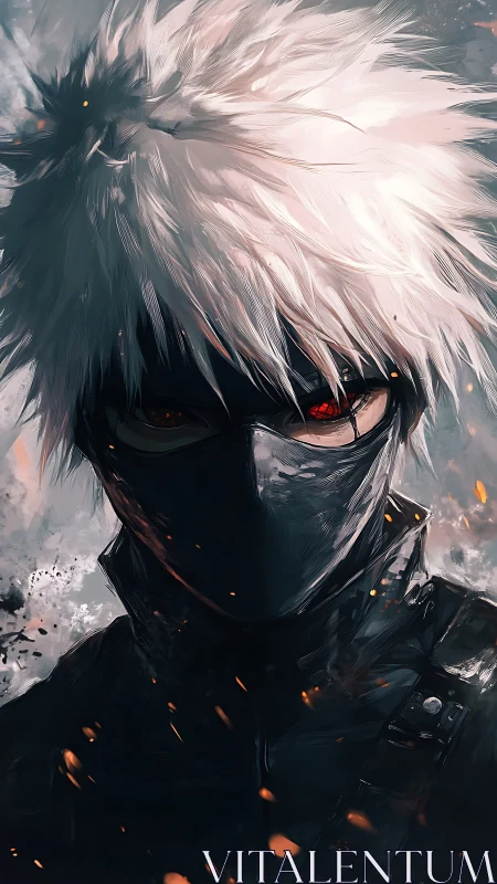 Masked silver-haired warrior stands amid drifting embers.