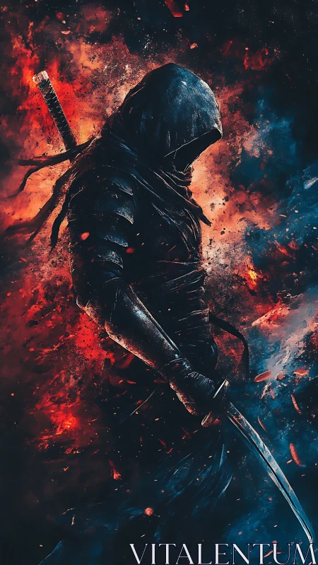 Hooded sword figure amid red and blue abstract energy field.