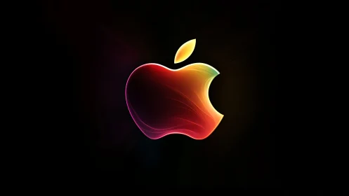 Iridescent apple emblem rendered with neon gradient lighting effects