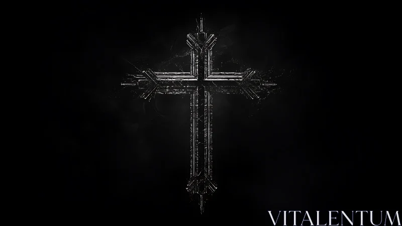 Silver techno crucifix glows quietly in a midnight void.