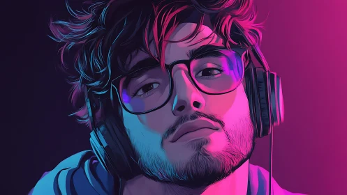 Digital portrait shows headphone user in neon side lighting