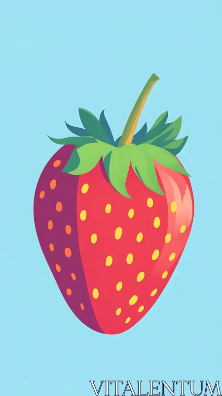 Minimalist illustration of single strawberry on blue field.