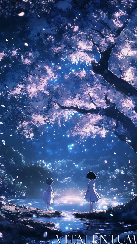 Nocturnal cherry grove with twin figures by reflective stream