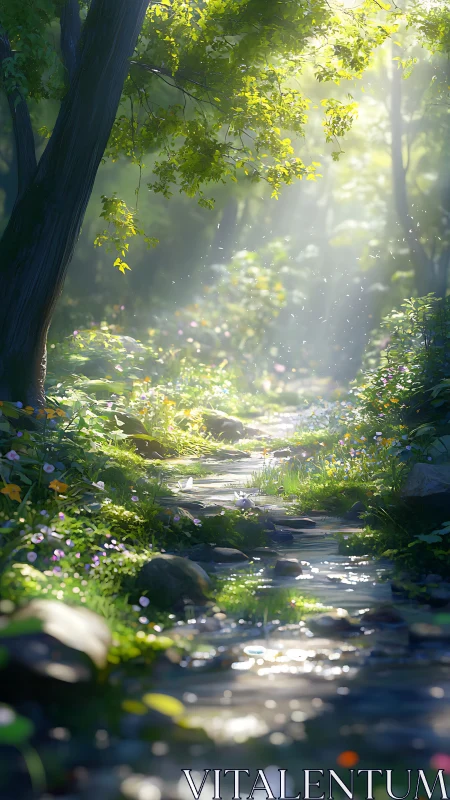Sunlit Forest Stream Path.