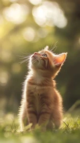 Sunlit ginger kitten gazes skyward in dreamy garden glow.
