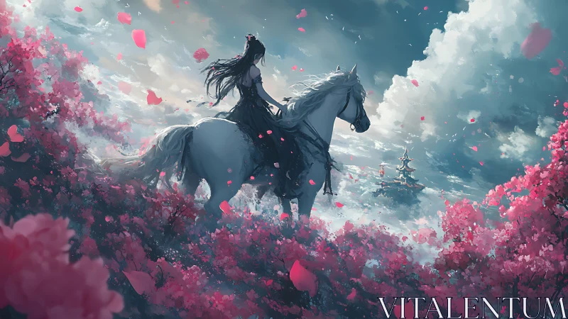 Moonlit rider crossing cherry cloud seas toward distant pagoda.