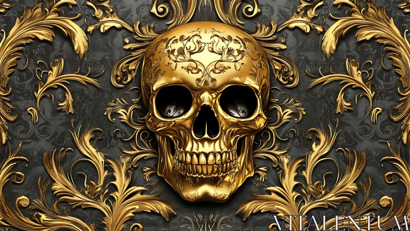 Baroque golden skull crowned in swirling gothic flourishes.