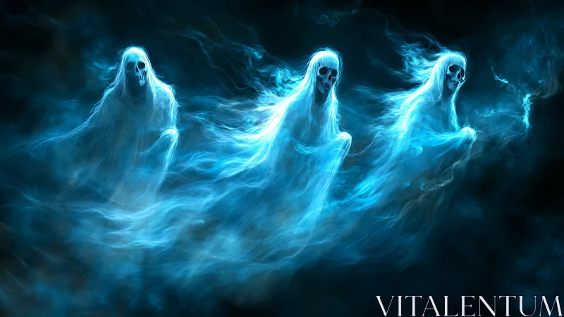Three luminous spectral figures in blue misted environment.