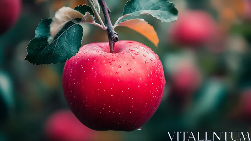 Red apple with water droplets on tree branch in orchard.