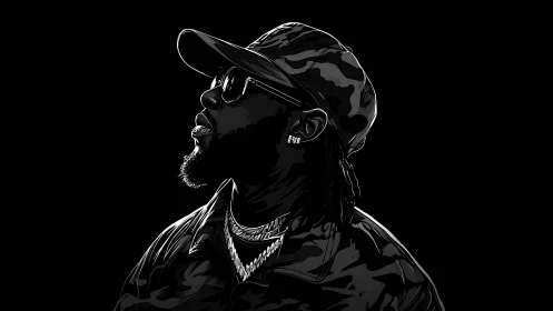 Profile portrait shows man in camo cap and jewelry facing up