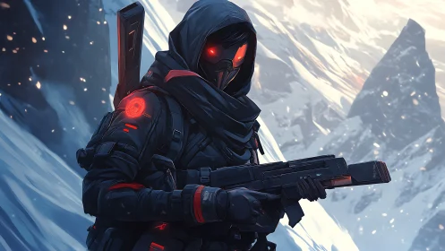 Hooded cyber soldier with rifle in frozen mountain pass.