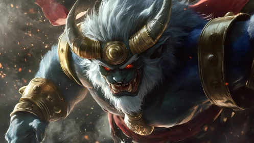Horned blue demon warrior lunges forward in fiery battle scene.