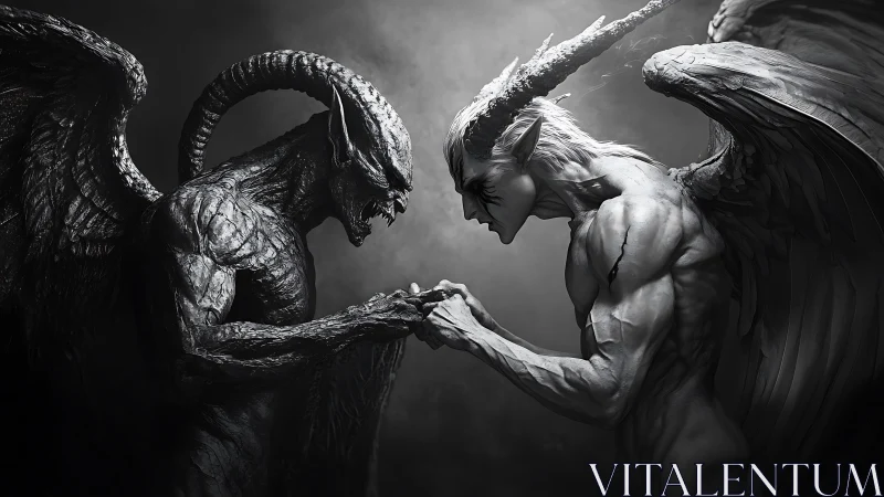 Monochrome demonic duel rendered in hyperreal digital sculpting