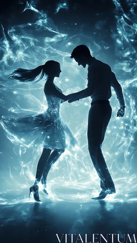 Silhouetted couple in luminescent abstract energy field.